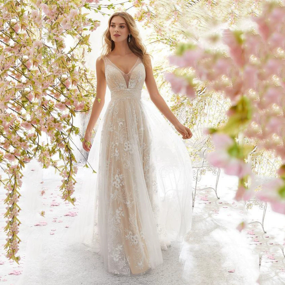 ZARA Sexy Fashion V Neck Sleeveless Lace Wedding Dress